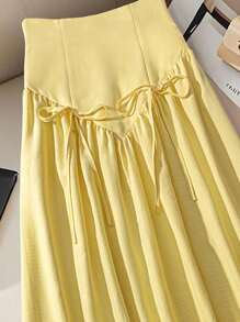 Seusyu Women's Modest Versatile Yellow Bowknot Tie Waist Slimming High Waist Skirt Fall Cloth For Women