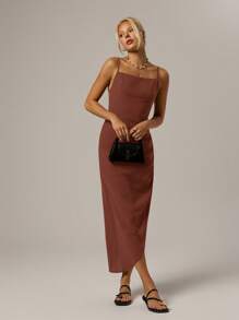 SHEIN Forever 21 Casual Black Open Back Spaghetti Strap High Slit Dress For Beach, Date, Holiday, Spring - Brown - View 6