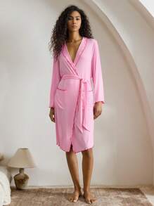 Ocili Leisure Women's Comfy Rib-Knit Colorblock Ruffle Trim V-Neck Soft Short Robe, Loungewear Holiday Season  Cozy And Elegant Details, Fall Outfit