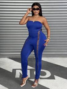 Maweii Plus Size Women Self-Tie Sexy Solid Color Strapless Fitted Jumpsuit - Blue - View 7