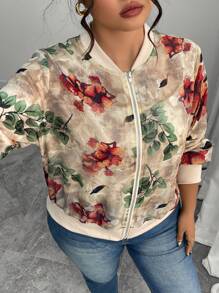 Elenzga Women's Plus Size Apricot Floral Bomber Jacket, Featuring A Casual Baseball Collar, Zipper Closure, And Long Sleeves In A Lightweight Woven Fabric, Perfect Short Outerwear. Fall Winter Cloth For Women Autumn - Apricot - View 7