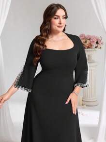 Coutiva Plus Size Beaded Formal Evening Gown With Square Neck Collar - Black - View 7