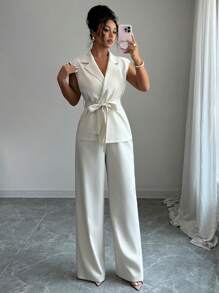 INAWLY Women Summer Casual Commute Versatile Solid Lapel Collar Self-Tie Belt Sleeveless Shirt And Loose Wide Leg Pants Set