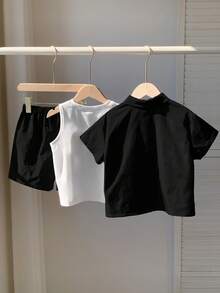 SHEIN Little Byeori 3 件套年轻男童韩版宽松字母印花 Polo 领开衫、T 恤和针织印花背心，适合春夏季日常、运动、郊游、学校、派对、节日、拍照 - 黑色 - 查看 4