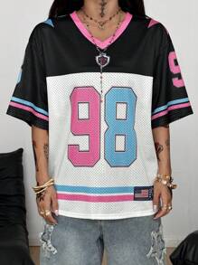 Coolane 女式休闲撞色拼接数字印花T恤，夏季