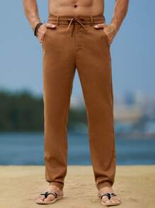 Manfinity RSRT Pantaloni casual da uomo tinta unita con passanti per cintura, versatili, per l'estate - Caffè Marrone - Visualizzare 5