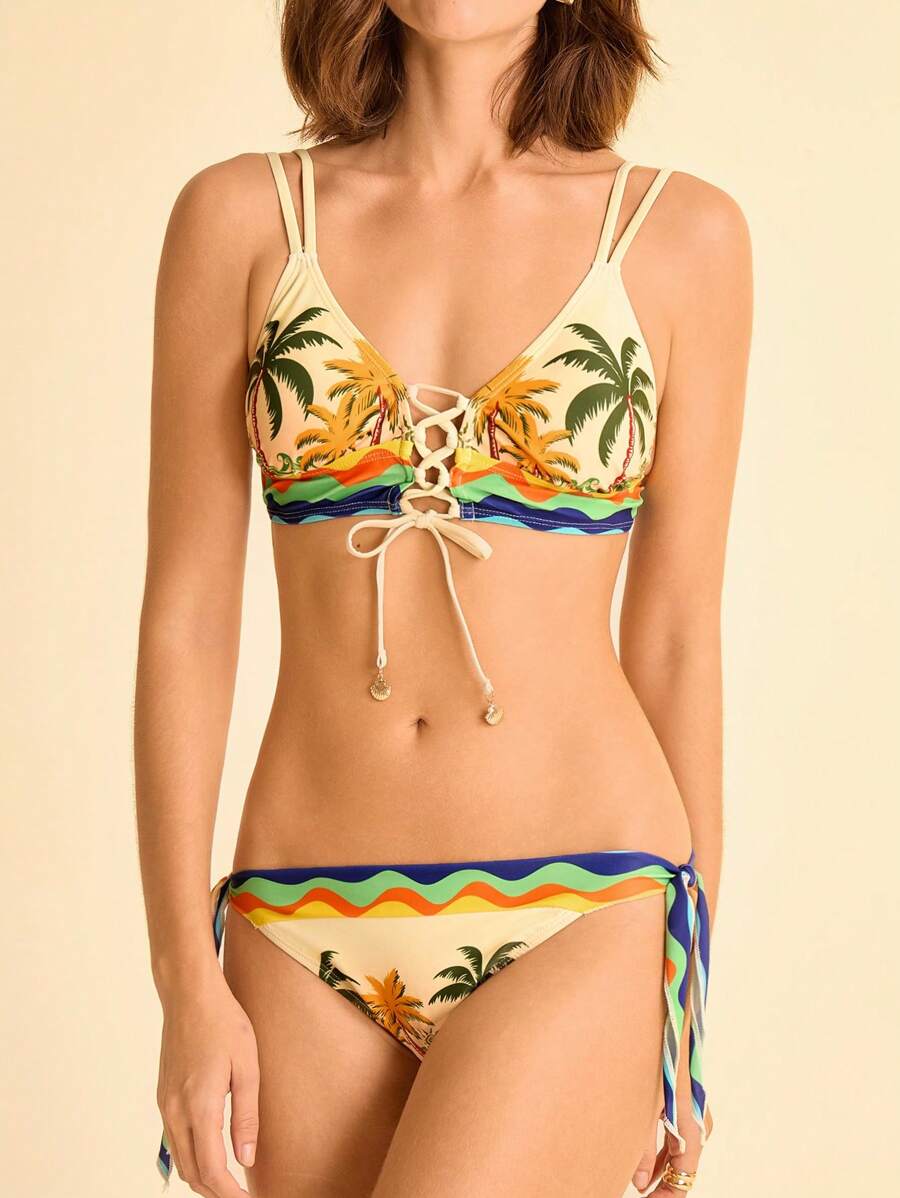 CAJUNI Top de biquíni com estampa tropical feminino - Multicolorido - Ver 1