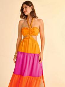 CAJUNI Women's Resort Colorblock Orange And Pink,Yellow Braided Halter Neck Hollow Back Sheer Chiffon Maxi Dress,Summer Casual Vacation Holiday Boho Dress - Multicolor - View 4