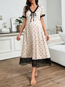 Moonlight&Mama Polka Dot & Lace Bow Decor Contrast Color V-Neck Short Sleeve Maternity Nightgown Maternity Nightgowns Maternity Sleepwear Maternity Loungewear Maternity Dresses - Apricot - View 3