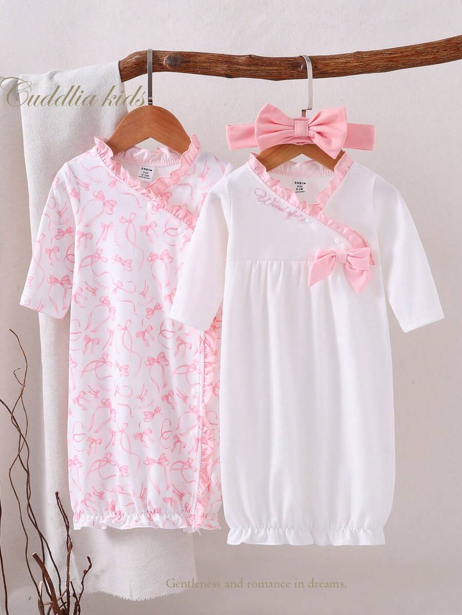 Bộ 3 món đồ ngủ dài tay in nơ thanh lịch tối giản cho trẻ sơ sinh kèm băng đô, đồ ngủ - Hồng - Xem 1