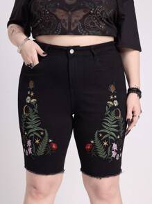 ROMWE EDITION 自然风哥特度假刺绣紧身大码牛仔短裤 - 黑色 - 查看 4