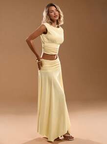 SHEIN BAE 女式夏季奶油黄色船领收腰上衣搭配收腰不对称下摆半身裙优雅套装，女士生日服装，度假两件套，女士度假服装 - 黃色 - 查看 6