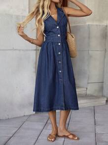 EMERY ROSE Women's Casual, Sleeveless, Blue Sleeveless Sleeveless Denim Dress Summer Dress - Dark Wash - View 5