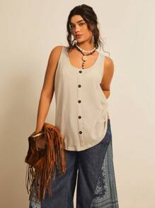 Freevana Plus Waffle Knit Button Front Tank Top - Apricot - View 5