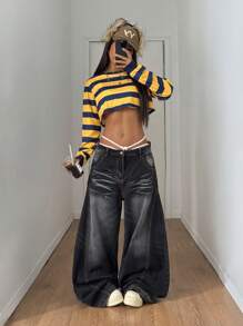 StreetHx 女士休闲条纹圆领超短款运动衫毕业、返校、毕业、女士教师、返校套头衫秋季 - 彩色 - 查看 1