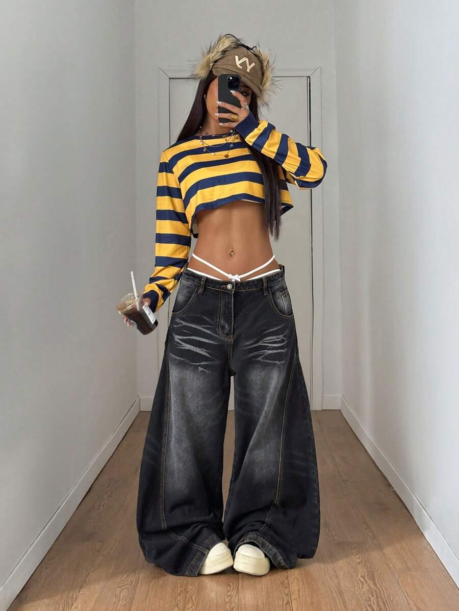 StreetHx 女士休闲条纹圆领超短款运动衫毕业、返校、毕业、女士教师、返校套头衫秋季 - 彩色 - 查看 1