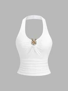Sweetra Top halter con escote profundo en V, decorado con hebilla de metal, en estilo retro y sensual