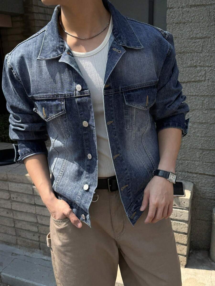 DAZY 男士蓝色水洗做旧牛仔夹克，适合春秋季节 - 藍色 - 查看 1
