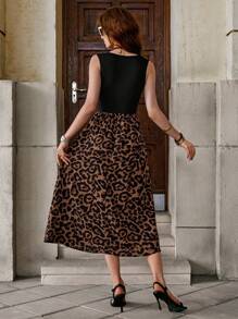 Solivie Casual Leopard Printed Splice Sleeveless Dress Fall Women Outfits,Summer Dresses For Women Summer Dresses For Women Spring Outfit Women Going Out Tops For Women Vacation Outfits Women Leopard Print - Black - View 4