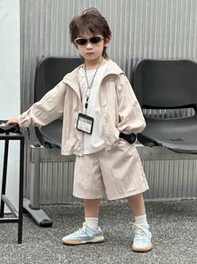 Dazy Kids Young Boy Letter Print Hoodie + Pocket Design Shorts Outfit, Summer - Beige - View 1