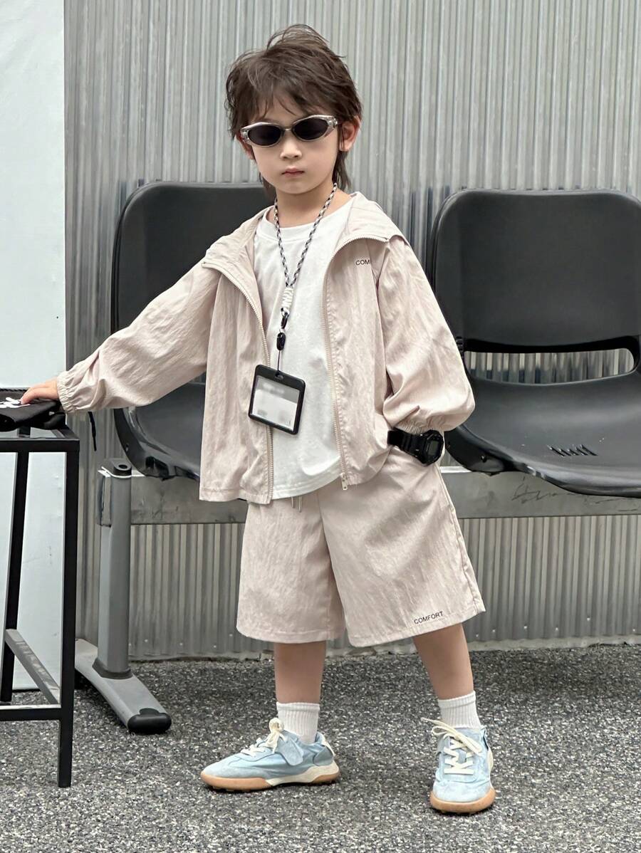 Dazy Kids Young Boy Letter Print Hoodie + Pocket Design Shorts Outfit, Summer - Beige - View 1