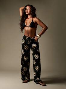 MISSGUIDED 天体印花阔腿度假裤家居服高腰海滩罩衫波西米亚节日宽松夏季度假裤