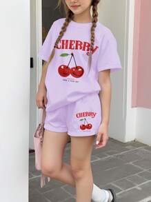 SHEIN 2 件套青少年女孩休闲简约短袖上衣和短裤套装，夏季 - 彩色 - 查看 3