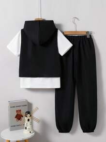 SHEIN 3 chiếc Tween Boy Áo vest đen có mũ, quần và áo phông trắng Bộ trang phục thường ngày - màu đen - Xem 2
