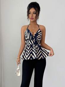 Elenzga 女士优雅V领细肩带前系带A字褶皱吊带背心上衣，适合日常，欧美风格，适合外出、约会、度假，性价比高 - 藏蓝色 - 查看 6