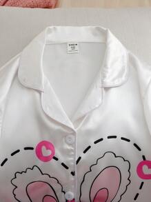 2 Stücke/Set Tweens Mädchen Minimalistisch Cartoon Kaninchen Reißverschluss Vorne Kurzarm Top + Shorts Set, Lässig und bequeme Pyjamas