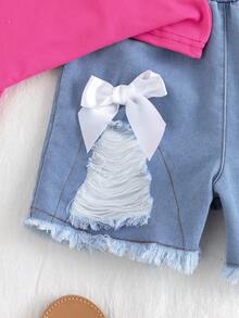 Conjunto de blusa con volantes y moño talla grande shorts vaqueros desgastados, para niña, lindo y divertido - Multicolor - Ver 6