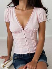 INAWLY Solva Blusa de mujer de cuello en V de manga corta de un solo color, simple y de moda, adecuada para el verano