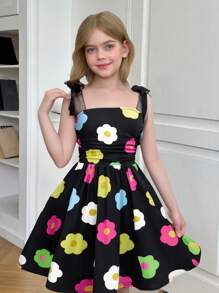 SHEIN Tween Girls  Summer Elegant Floral Print Ribbon Bowknot Waist Frill Hem Ruffle Trim Cami Dress,Summer Dress - Black - View 1
