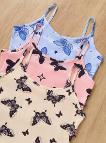 SHEIN 3pcs Young Casual Butterfly Print Camisole Short Pajama Set, Multi-Color Summer Pajama Set Women Pajama Shorts Set Butterfly Pajama Set Bow Pajama Set Summer Pj Sets - Multicolor - View 3