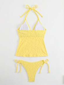 SHEIN Swim Mod 女士吊带背心和比基尼泳装，黄色可爱款式，特殊面料两件套泳衣，海滩度假泳衣 - 黃色 - 查看 8