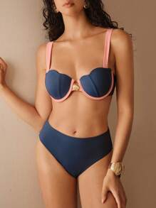 Anewsta 女士度假海滩撞色装饰泳衣套装 - 藏蓝色 - 查看 1