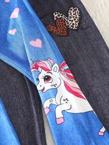 2pcs/Set Girls Minimalist & Comfortable Pants, Unicorn Print + Leopard Heart Pattern, Soft Skin-Friendly Fabric, Stylish Street Fashion Back To School Clothes Travel Clothes Summer Fall Clothes Unicorn Jeans For Girls Girls Jeans Print Printed Jeans For Girls Jeans For Tweens