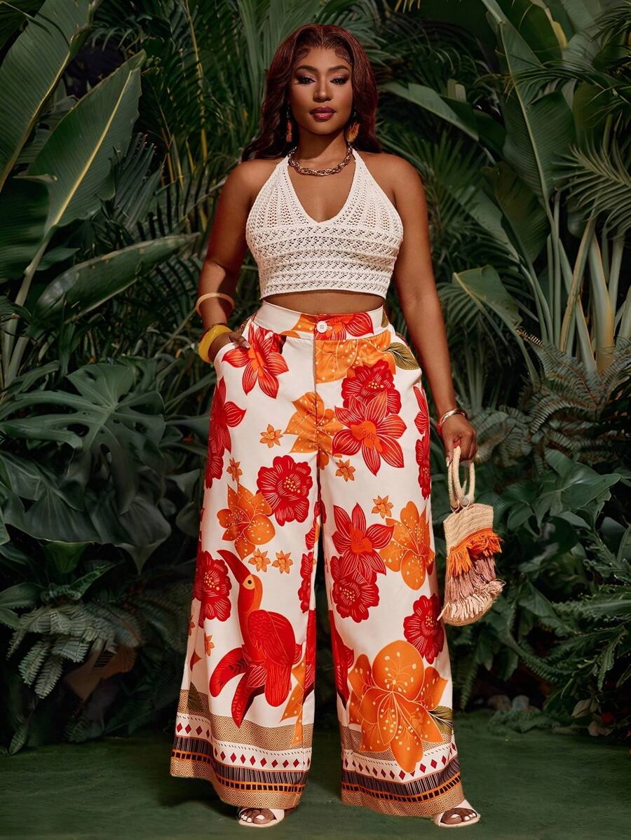 Slaydiva Calça Larga de Cintura Alta Floral Boêmia Colorida, Leve, para Férias/Praia/Casual/Reunião Doméstica, Plus Size, Coleção Primavera/Verão 2025 - B