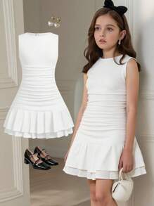 SHEIN Serisse Kids Vestido curto casual para meninas adolescentes com decote redondo, sem mangas, franzido lateral e tie-dye