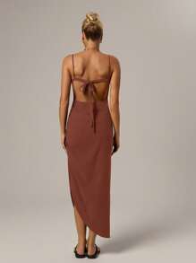 SHEIN Forever 21 Casual Black Open Back Spaghetti Strap High Slit Dress For Beach, Date, Holiday, Spring - Brown - View 2