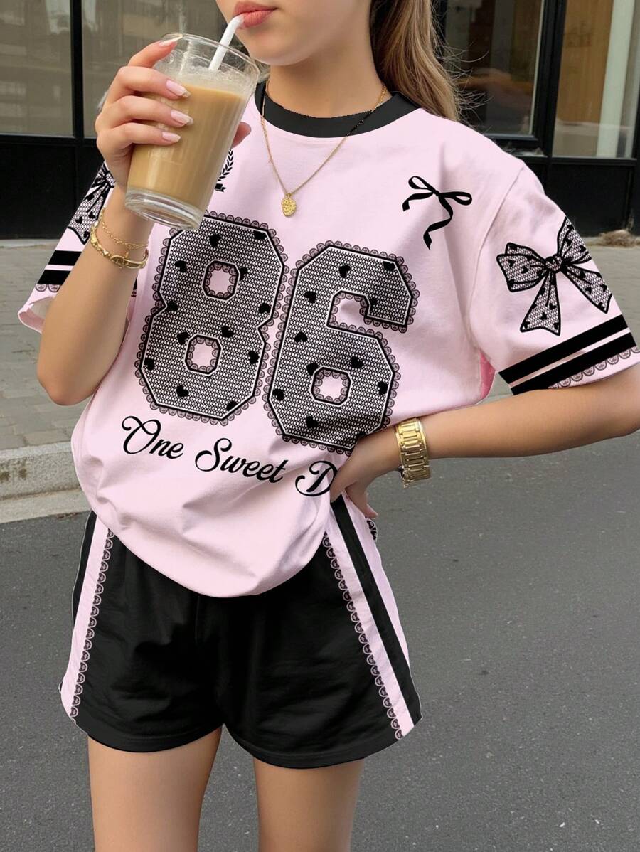 SHEIN Leap Crew Tween Girl 2pcs Set Sweet Bow, English Number 86 & Lace Printed Short Sleeve Top And Shorts, Casual Minimalist Style, Suitable For Summer - Multicolor - View 1