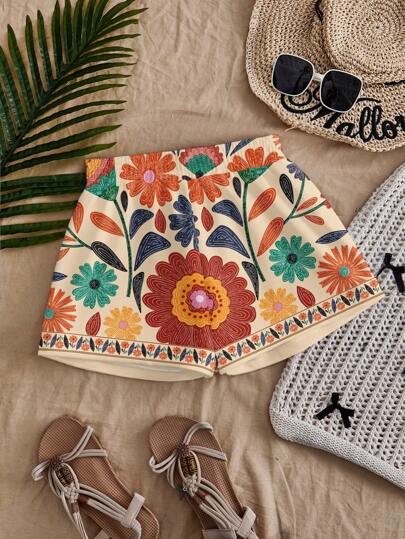 Travachic Women's Casual Tropical Floral Print Mid-Rise Loose Shorts For Women, Summer For Women, Vacation Woman ,Suitable For Holiday, Afternoon Tea, Wedding Season, Beach Cruise Vacation, City Road Trip Vacation, Boho Vacation, Music Festival, Beachwear, Easter, Beach For Woman, Elegant Shorts For Women, Home Women, Concert Women, Tropical Vacation Woman, Holiday, Bohemian,For Spring Summer And Autumn