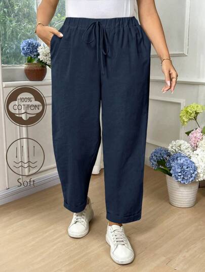 Linhara Plus Size Women Cotton Solid Color Fold-Over Casual Pants