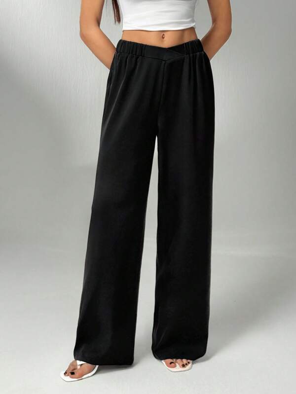 SHEIN Tall Women's Simple Casual Solid Color Elastic Waist Straight Leg Pants