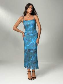 SHEIN Tall 女士夏季度假花卉印花吊带背心连衣裙 - 水鴨藍 - 查看 5