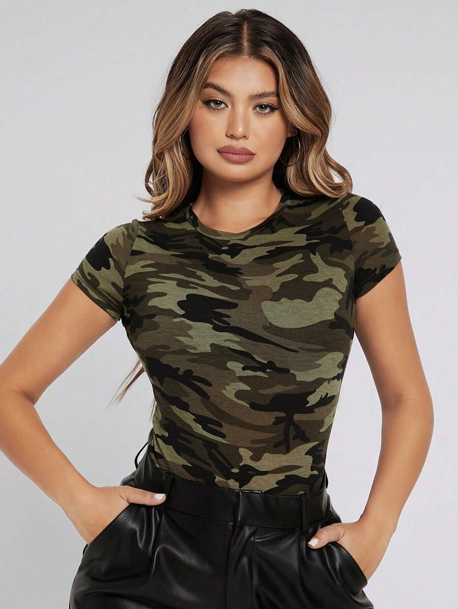 SHEIN SXY Summer Camo Print Tight Short Sleeve Women's Casual T-Shirt