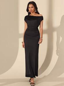 Almamuse Women's Slim Fit Oblique Shoulder Jacquard Weave Dress - Black - View 7