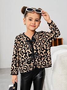 SHEIN Leap Crew Young Girl Leopard Print Knitted Cardigan, Casual Jacket - Multicolor - View 2