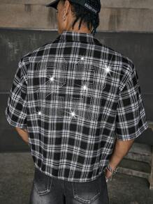 Camisa casual de hombre a cuadros con adorno de strass en la espalda AXEPEAK - Blanco y Negro - Ver 1