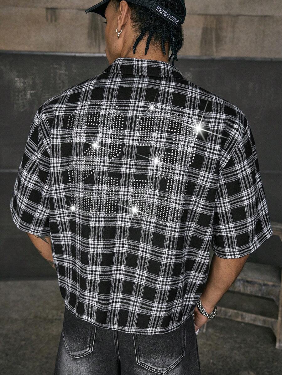 Camisa casual de hombre a cuadros con adorno de strass en la espalda AXEPEAK - Blanco y Negro - Ver 1
